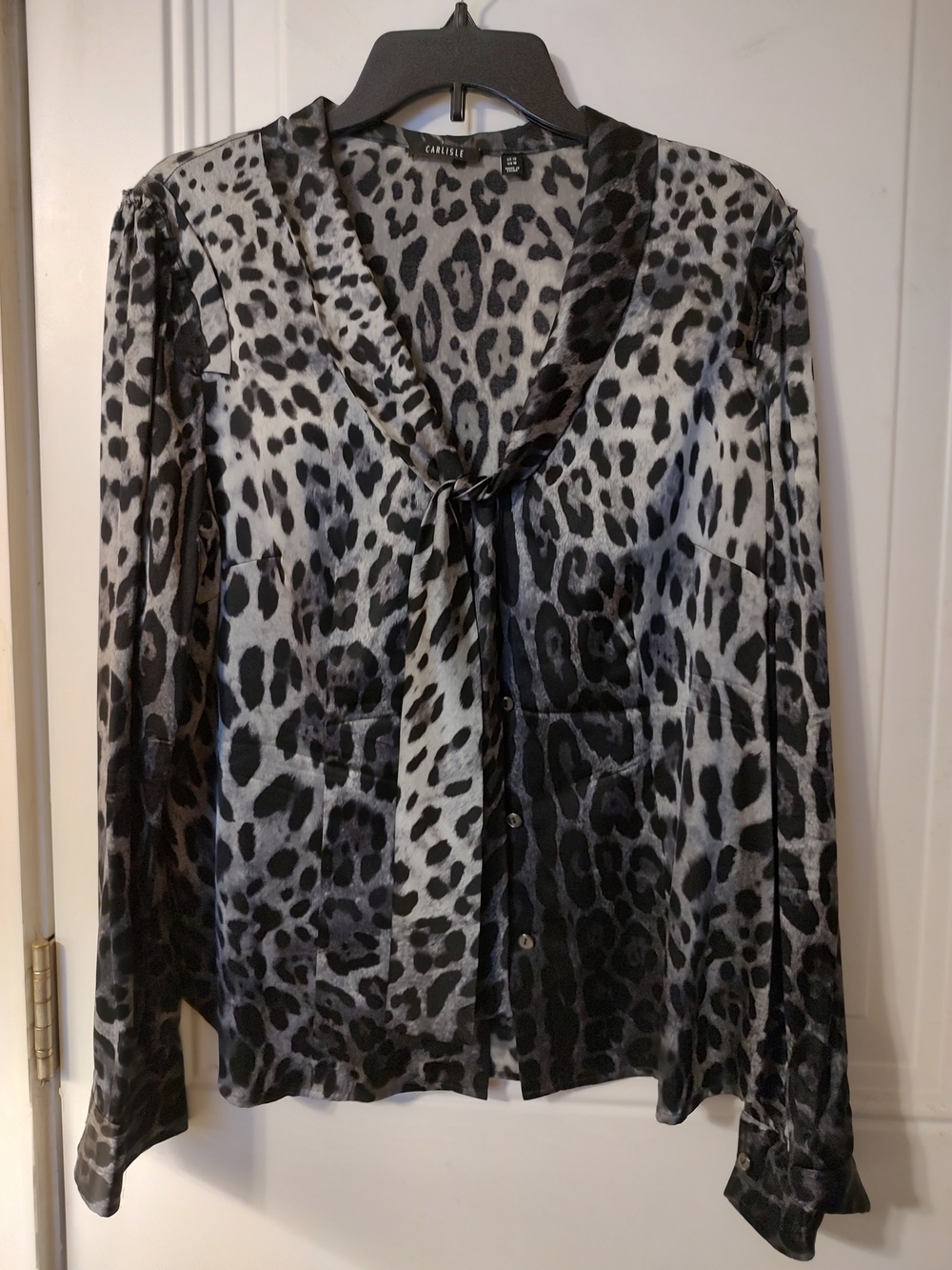 Carlisle Grey Leopard Print Tie-Neck Blouse